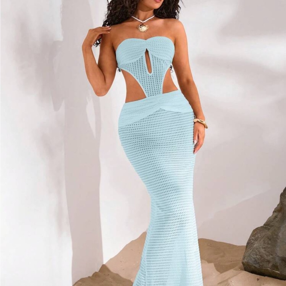 Cutout Backless Halter Blue Swim Coverup Dress